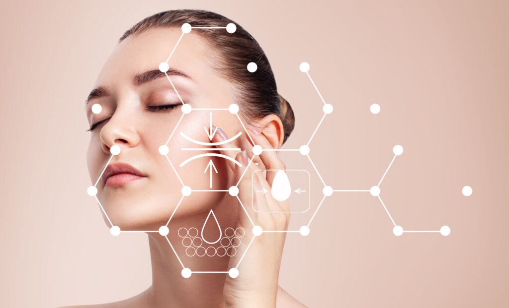 Infographic shows cleansing effect on beautiful female face.